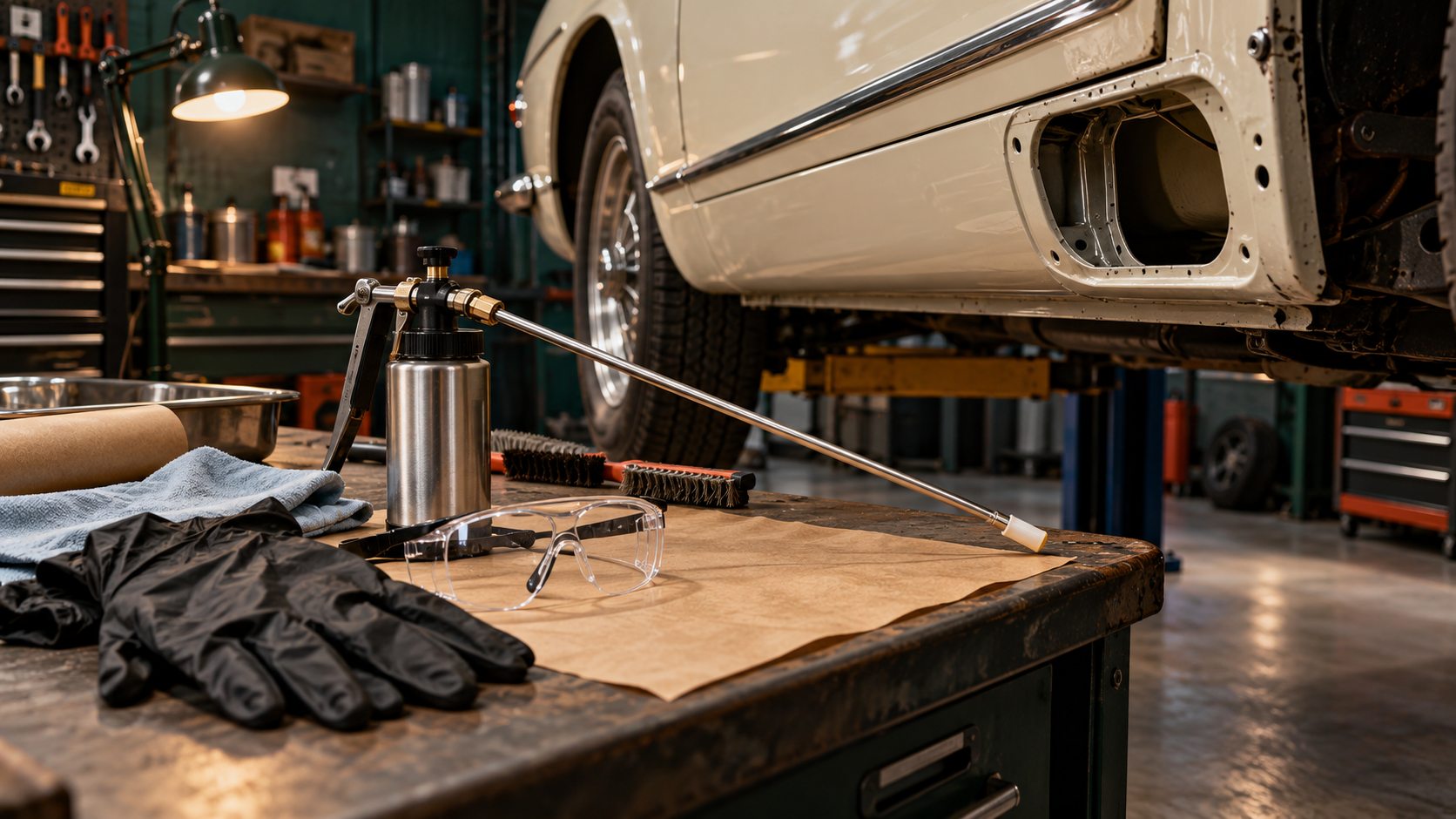 Cavity wax applicator, gloves and eye protection prepared beside a classic car