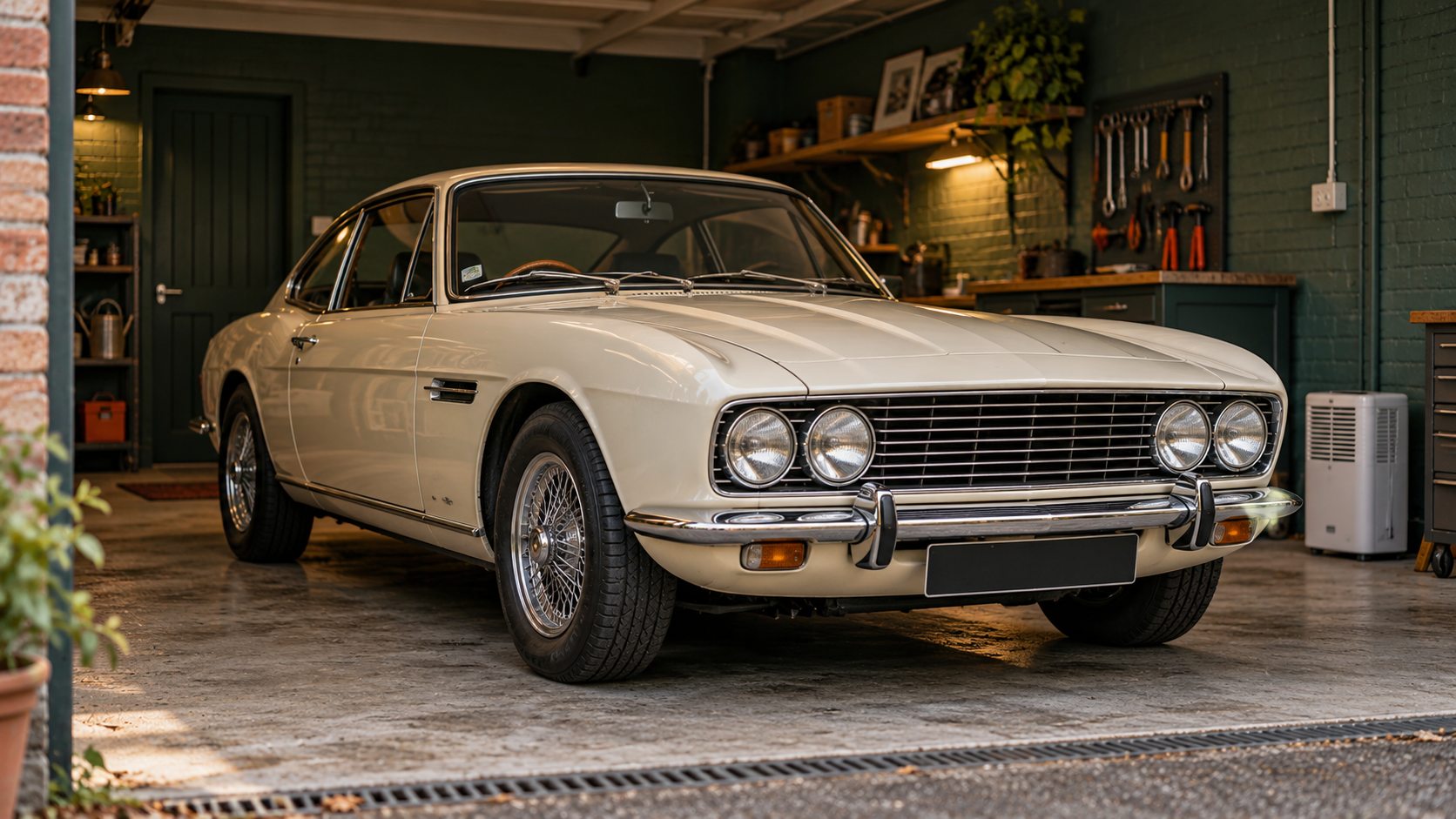 A cream classic coupe stored in a tidy green garage beside a dehumidifier