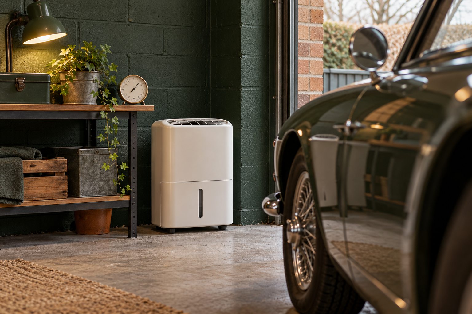 A compact dehumidifier and hygrometer in a tidy garage beside a stored classic car