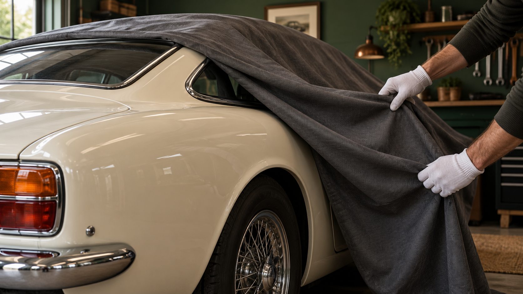 Gloved hands fitting a soft indoor cover over a cream classic coupe