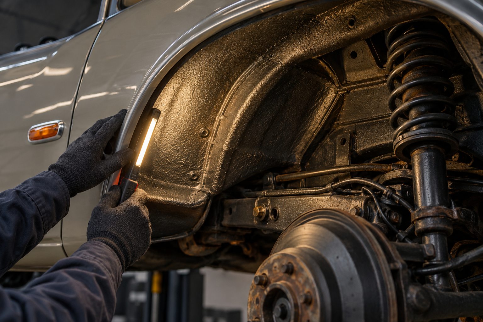 Gloved hands using an inspection lamp to examine a protected wheel arch